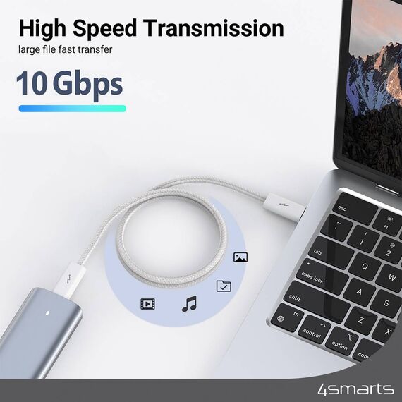 Illustrative 10 Gbit/s connection between a laptop and external drive; both sold separately