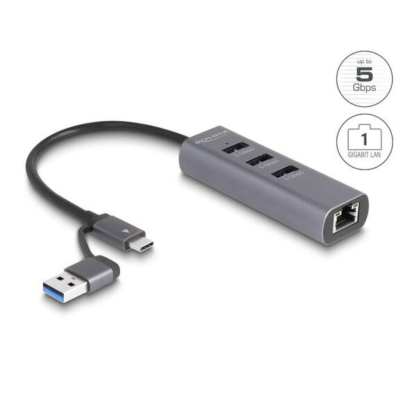 Delock 64282 hub shown in the manufacturer datasheet: USB-C plug, tethered USB-A adapter, three USB-A ports and RJ45