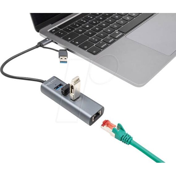 Distributor image: Delock 64282 hub connected to a laptop, USB peripherals and Ethernet cable; accessories shown are sold separately