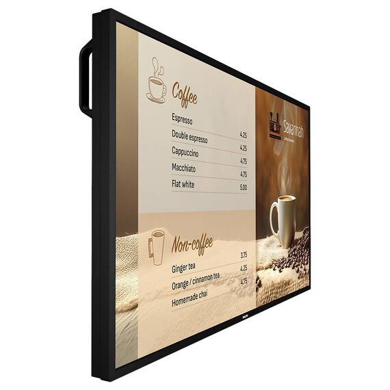 Philips 43BDL6017P/00 display, angled view with illustrative coffee-menu content