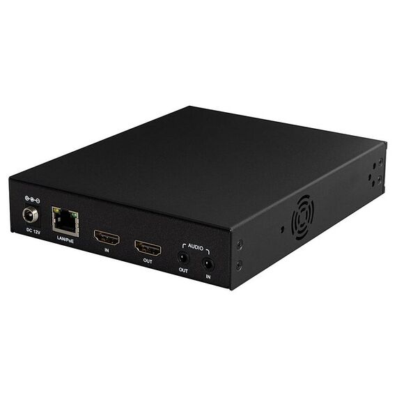 Lindy 38519 metal enclosure, angled rear and side view with connections and ventilation