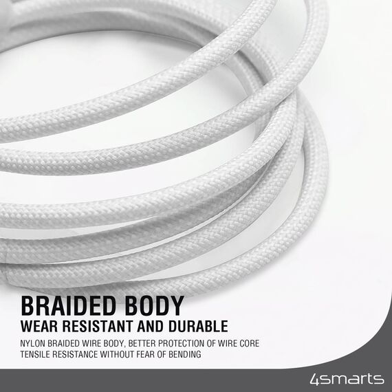 Close-up of the white braided 4smarts PremiumCord cable sheath